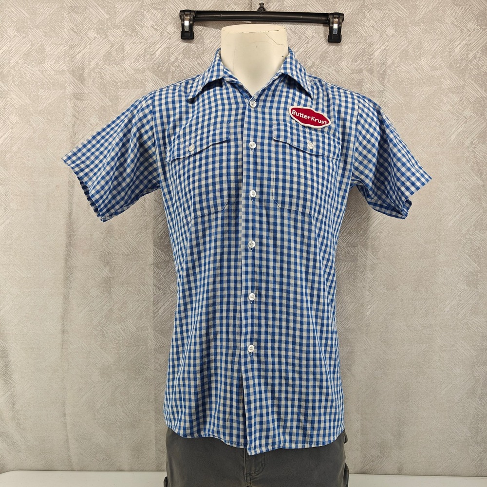 Vintage Horace Small Button Up Mens 15 Blue Gingham Butter Krust Workwear Retro